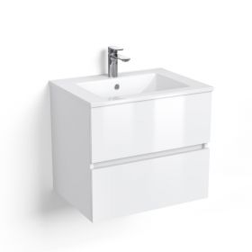 Meuble salle de bain suspendu 60 ou 80 cm, Blanc brillant, 2 tiroirs + vasque céramique, Caruso