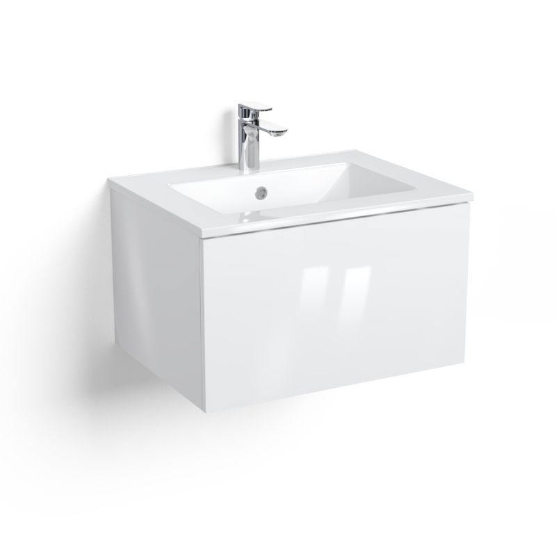 Meuble salle de bain suspendu 60 ou 80 cm, Blanc brillant, 1 tiroir + vasque céramique, Caruso