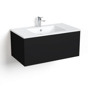 Meuble salle de bain suspendu 60 ou 80 cm, Noir mat, avec tiroir et vasque céramique, Caruso - image 2