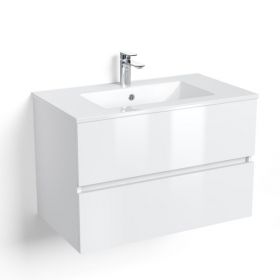 Meuble salle de bain suspendu 60 ou 80 cm, Blanc brillant, 2 tiroirs + vasque céramique, Caruso - image 2