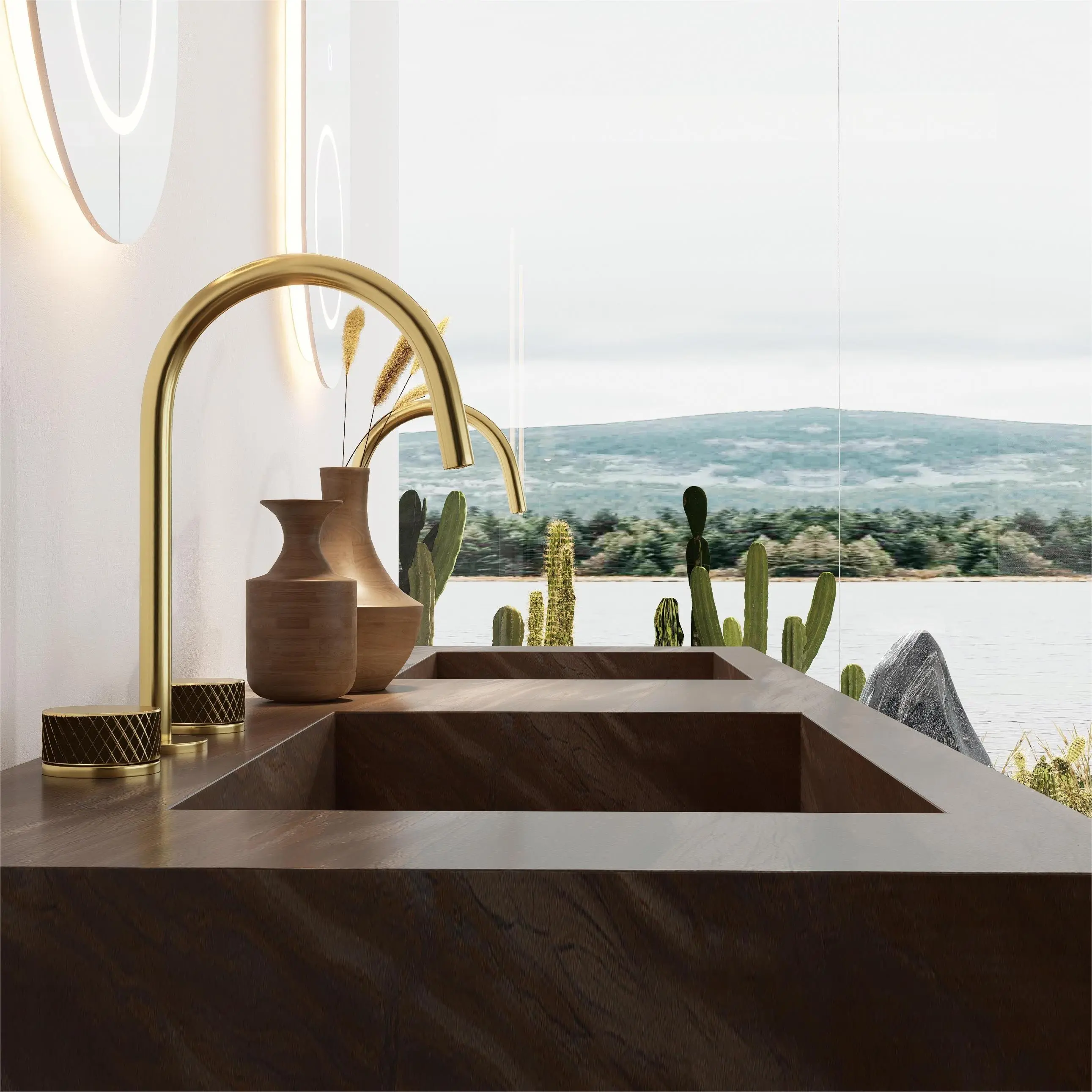 Plan de coté meuble de salle de bain avec vu sur montagne