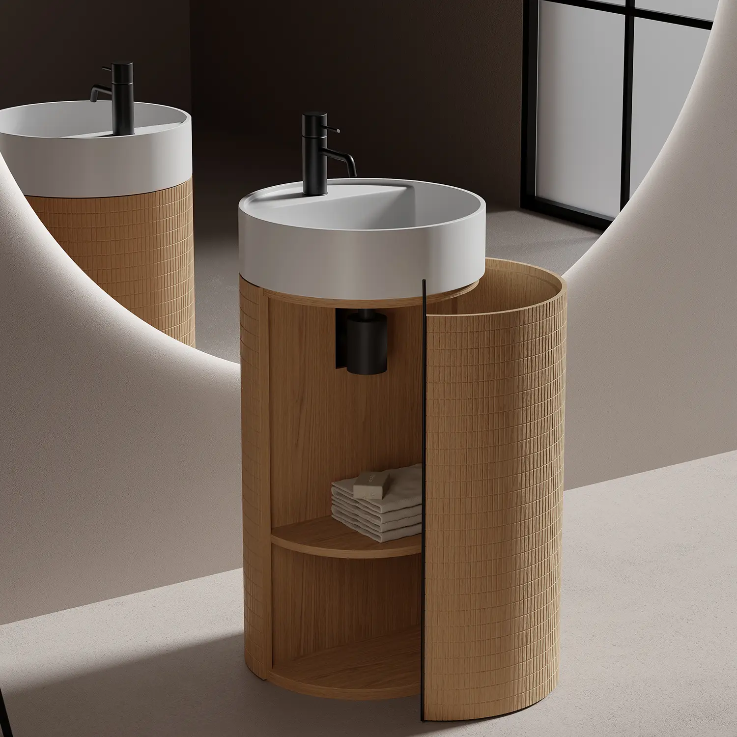 Meuble de salle de bain format rond, ouvert avec du rangement