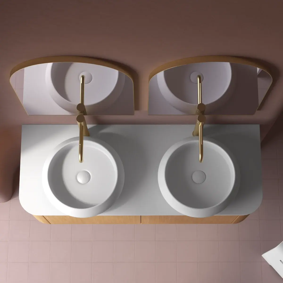 Meuble suspendu 120 cm, placage naturel chêne miel avec plan en résine minérale blanc mat, Anna