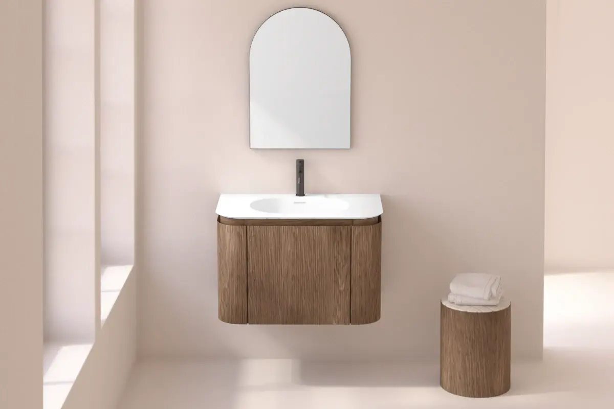 Meuble vasque suspendu cannelé 80 cm, noyer avec plan vasque en résine minérale, Grace