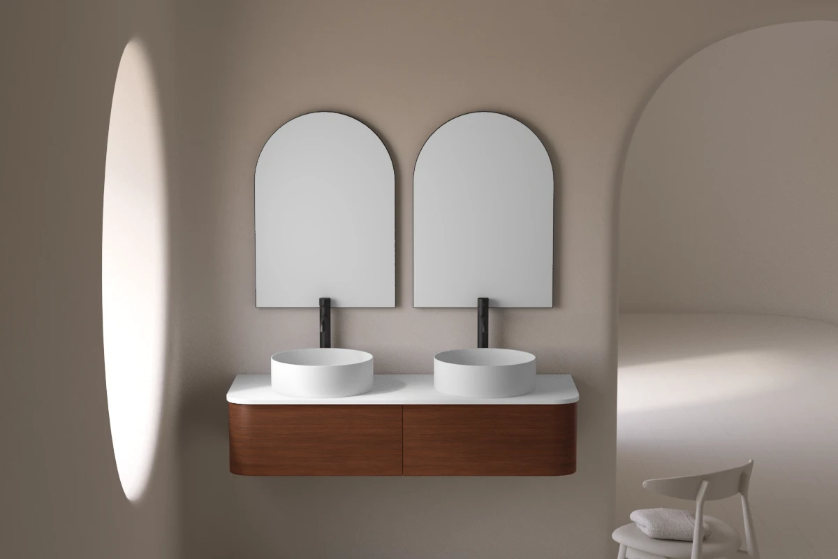 Meuble suspendu 120 cm, placage noyer naturel avec plan en résine minérale blanc mat, Layla