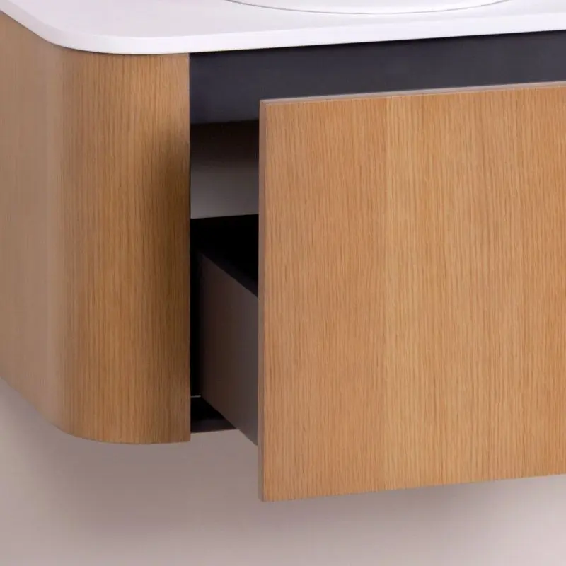 Meuble suspendu 120 cm, placage naturel chêne miel avec plan en résine minérale blanc mat, Anna