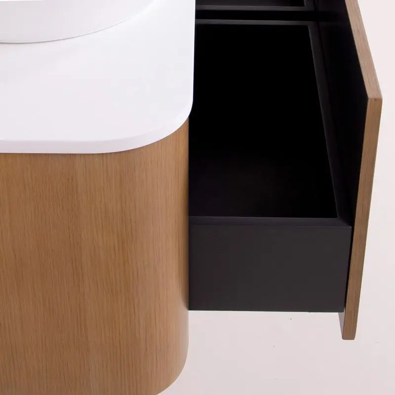 Meuble suspendu 120 cm, placage naturel chêne miel avec plan en résine minérale blanc mat, Anna