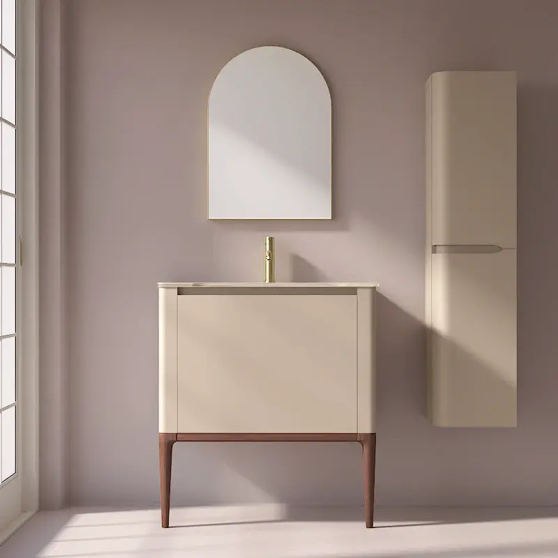 Meuble à poser beige, 80 cm, avec plan vasque encastré en verre, Panthéon