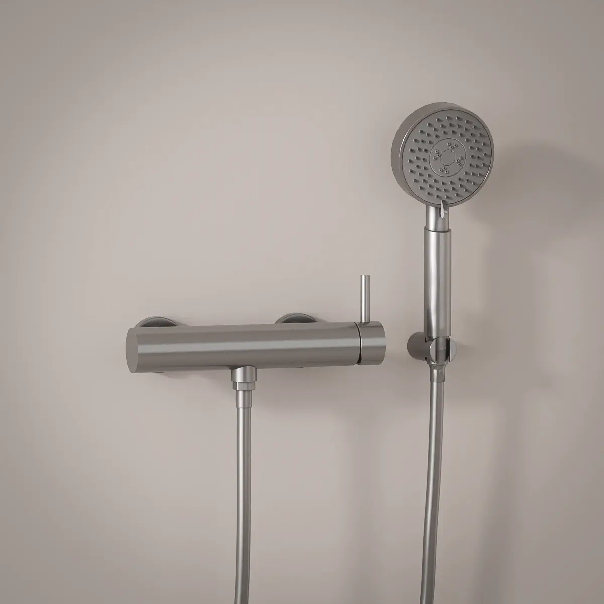 Mitigeur douche externe, crochet et douchette ronde, inox brossé, Châtelet