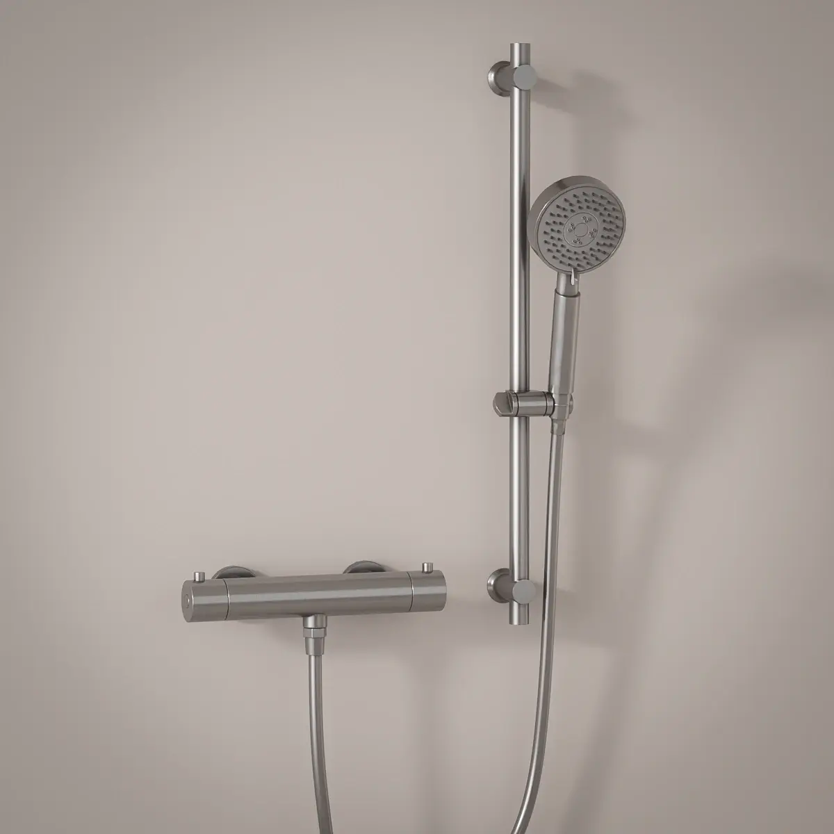 Mitigeur douche Thermostatique externe, barre et douchette ronde, Inox brossé, Chatelet