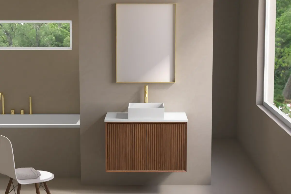 Meuble suspendu cannelé 80 cm, bois massif, 2 portes avec plan composite minéral blanc satiné, Carnac