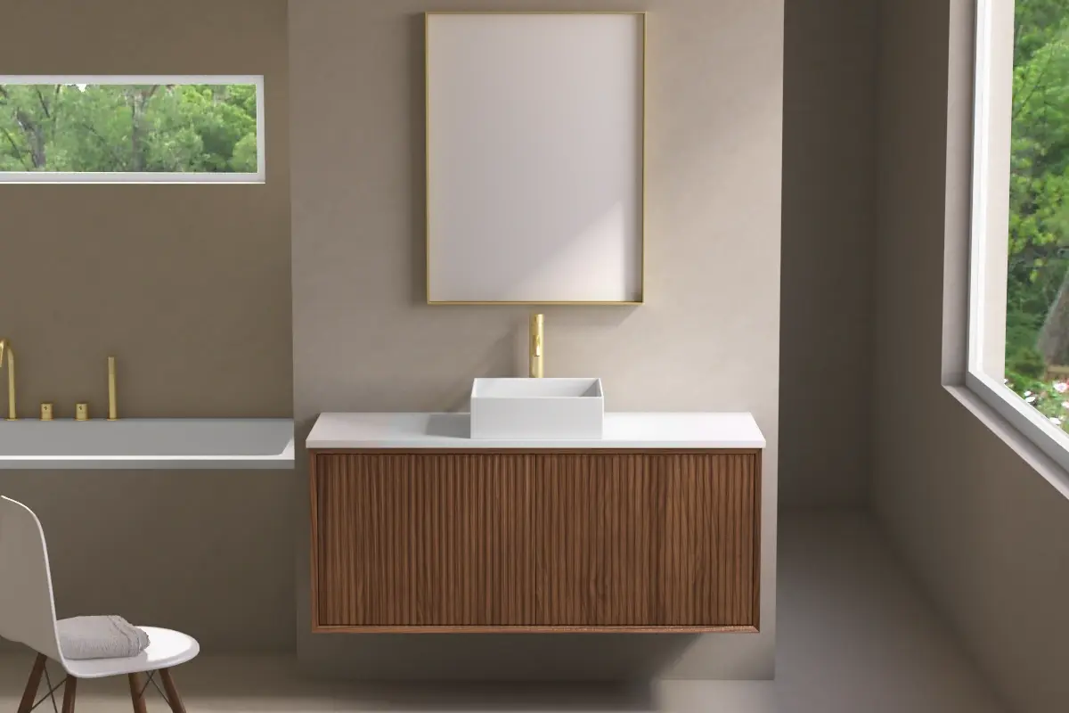 Meuble suspendu cannelé 120 cm, bois massif, 2 portes  avec plan composite minéral blanc satiné, Carnac