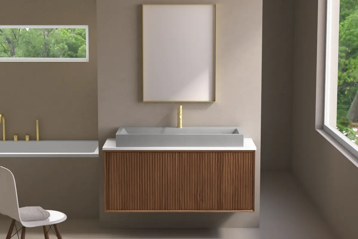 Meuble suspendu 120 Cm, Plan en résine minérale, 3 couleurs de Vasque