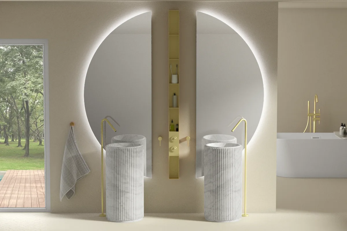Ensemble de 2 lavabos tonneau, 2 robinets au sol, 2 miroirs et 1 étagère, marbre blanc et doré brossé, Kanda