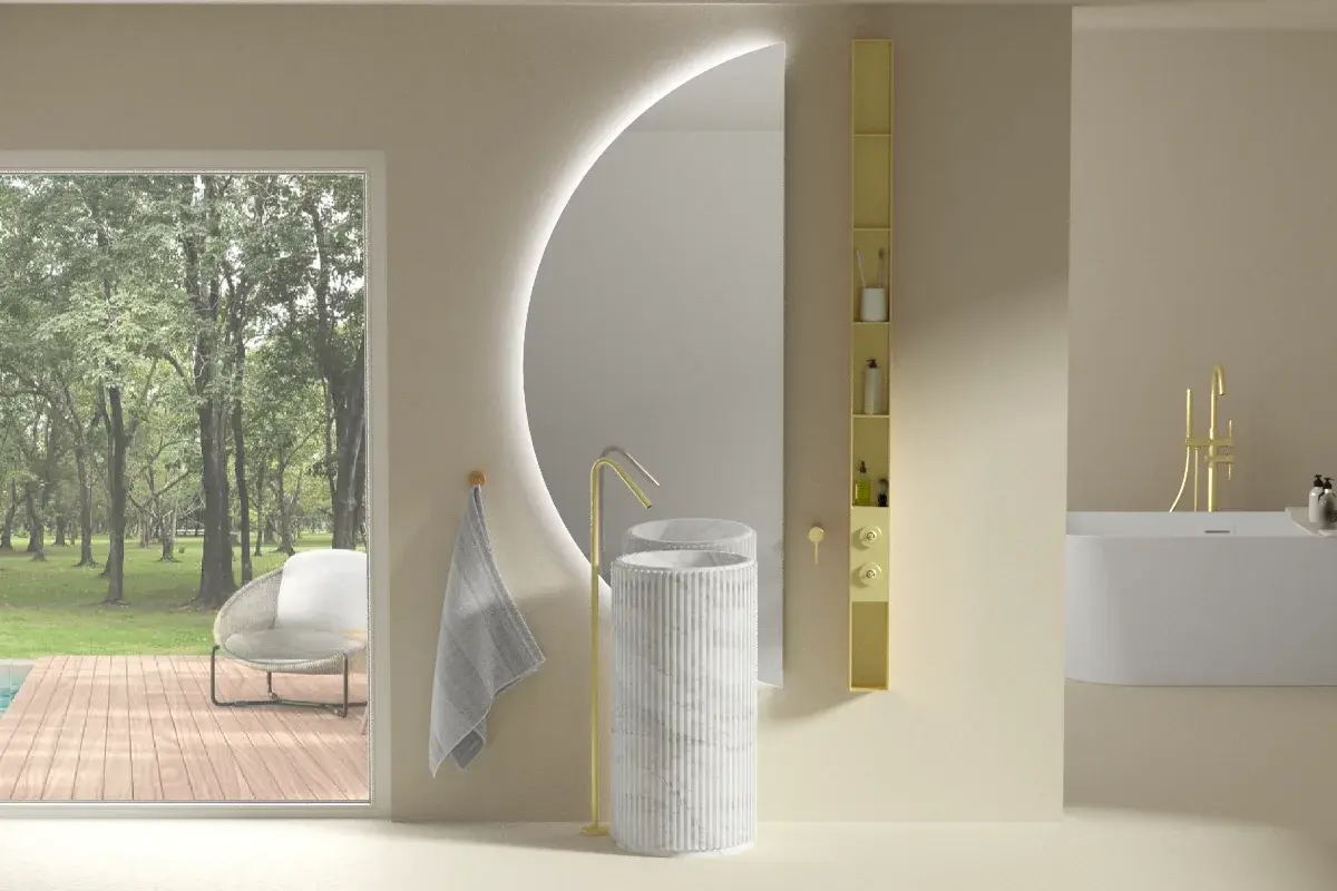 Ensemble lavabo tonneau, robinet au sol, miroir et étagère, marbre blanc et doré brossé, Kanda