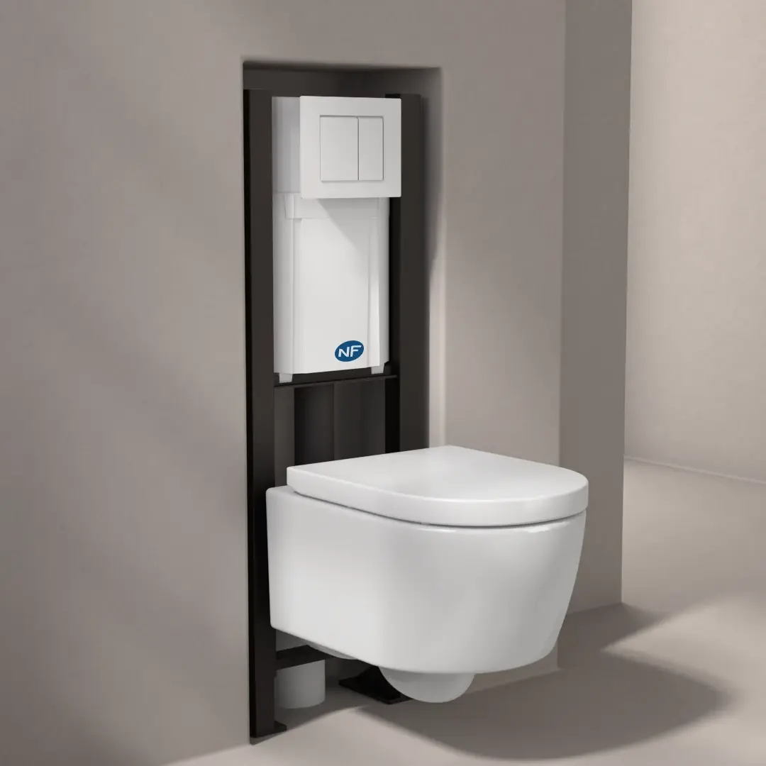 Bâti compact WIRQUIN + Plaque de déclenchement blanche + WC suspendu Alto Rimless - Pack WC suspendu