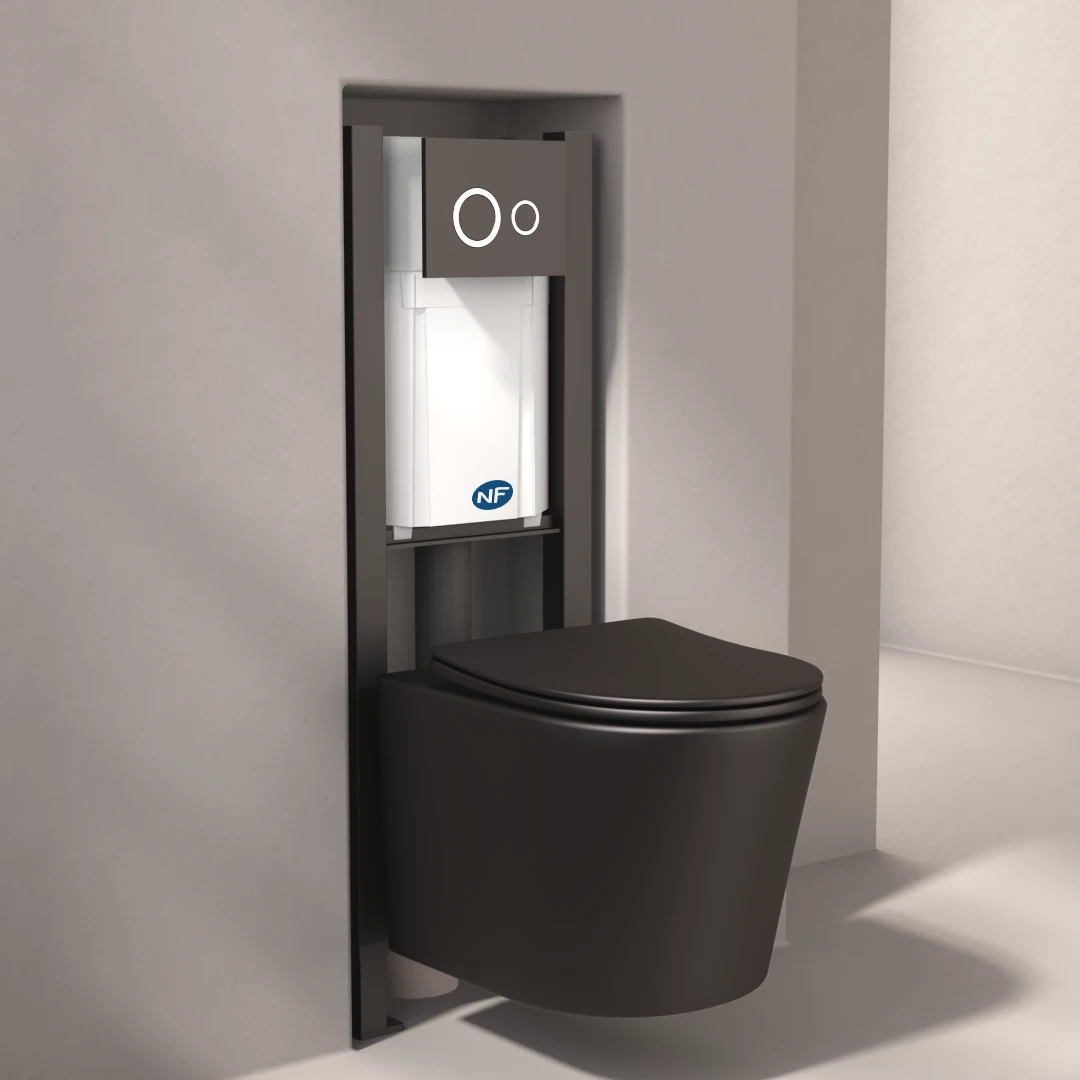 Bâti compact WIRQUIN + Plaque de déclenchement noire + WC suspendu Noir Rimless Flavia - Pack WC suspendu