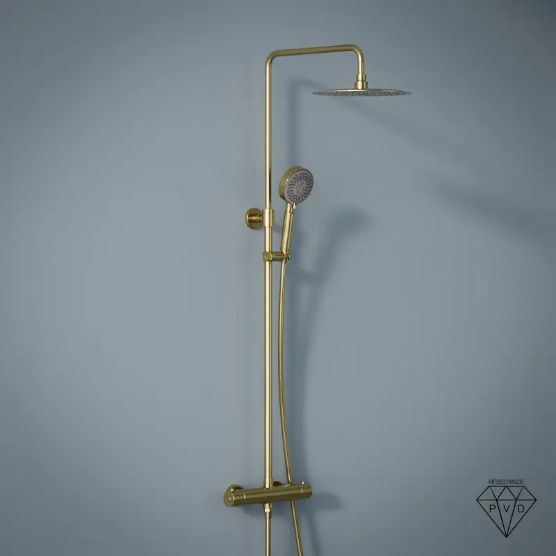 Colonne de douche avec mitigeur thermostatique, Ø25cm, doré brossé, douchette ronde, Châtelet 