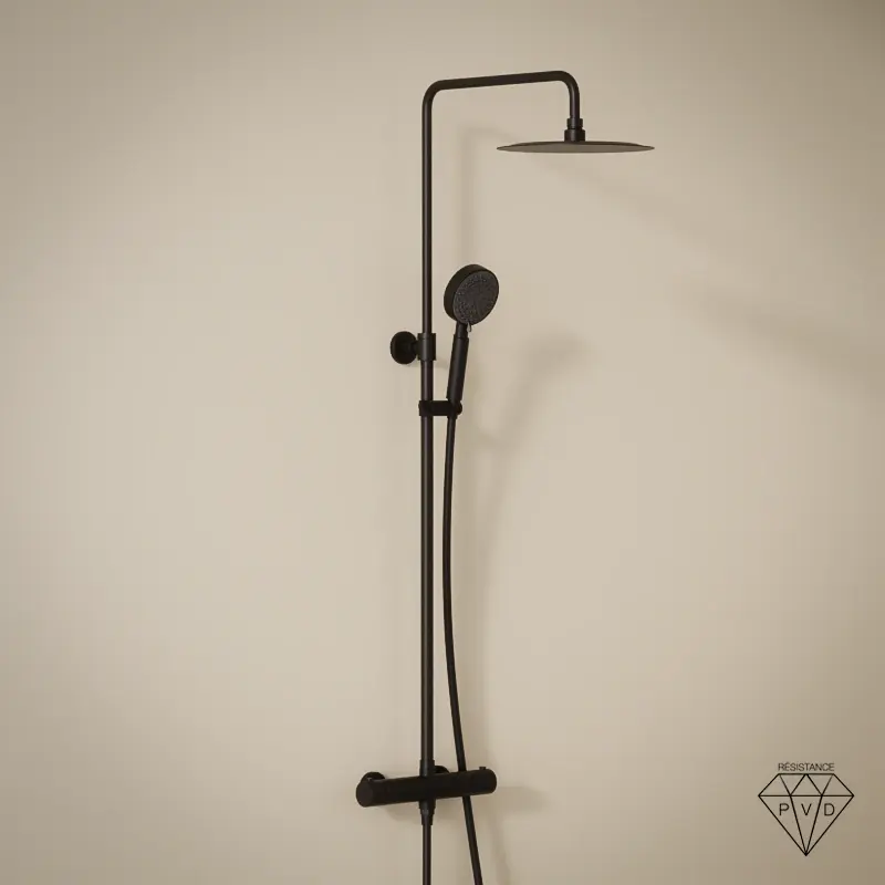 Colonne de douche avec mitigeur thermostatique, Ø25cm, noir brossé, douchette ronde, Châtelet III 