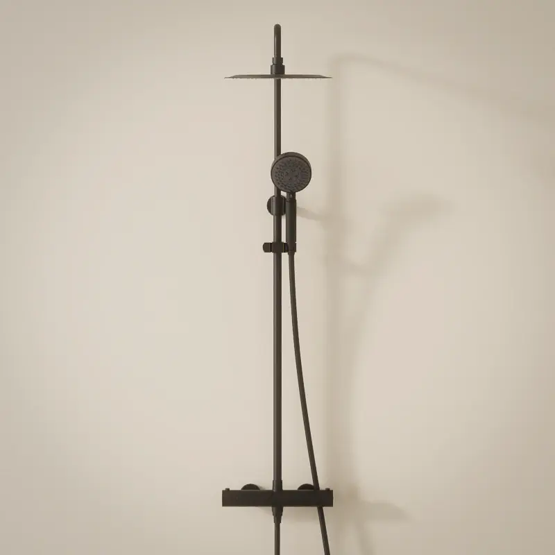 Colonne de douche avec mitigeur thermostatique, Ø25cm, noir brossé, douchette ronde, Châtelet III 