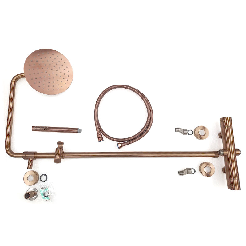 Colonne de douche avec mitigeur thermostatique, Ø25cm, doré rose brossé, douchette ronde, Châtelet III