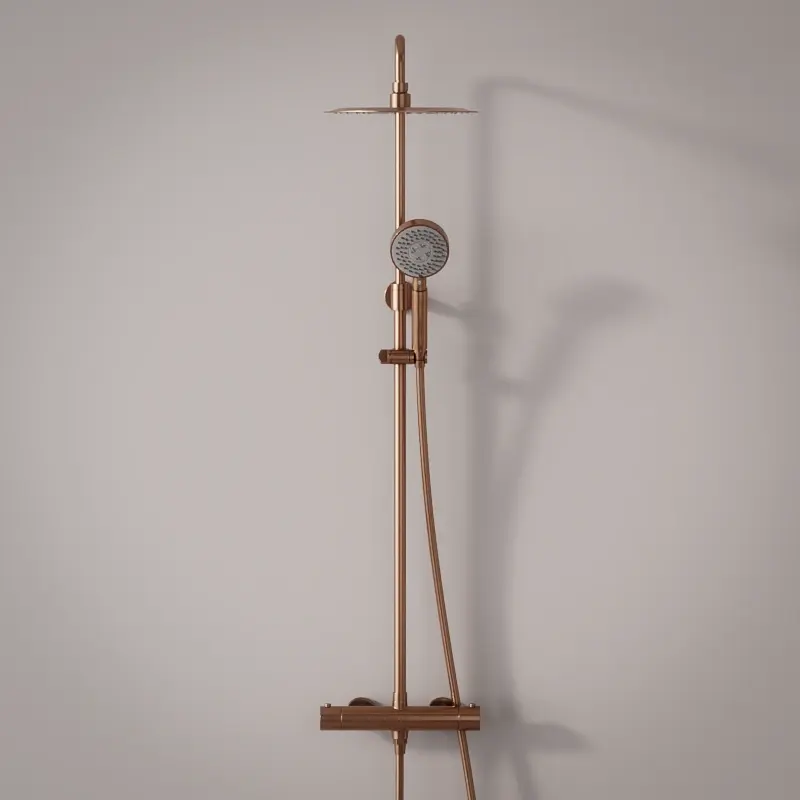 Colonne de douche avec mitigeur thermostatique, Ø25cm, doré rose brossé, douchette ronde, Châtelet III