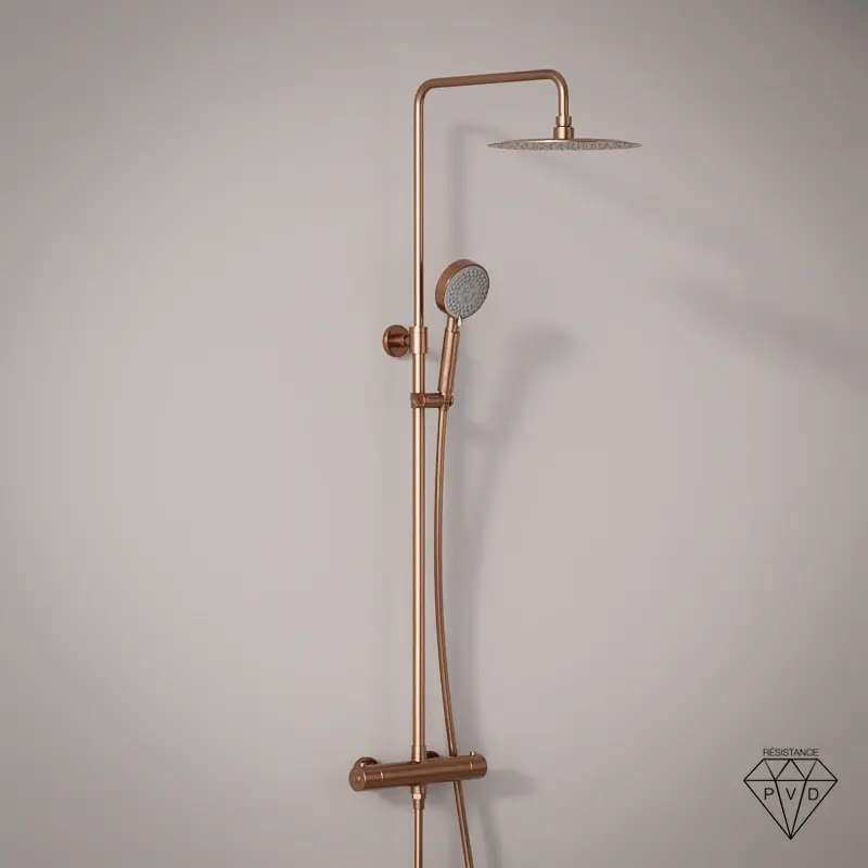 Colonne de douche avec mitigeur thermostatique, Ø25cm, doré rose brossé, douchette ronde, Châtelet III