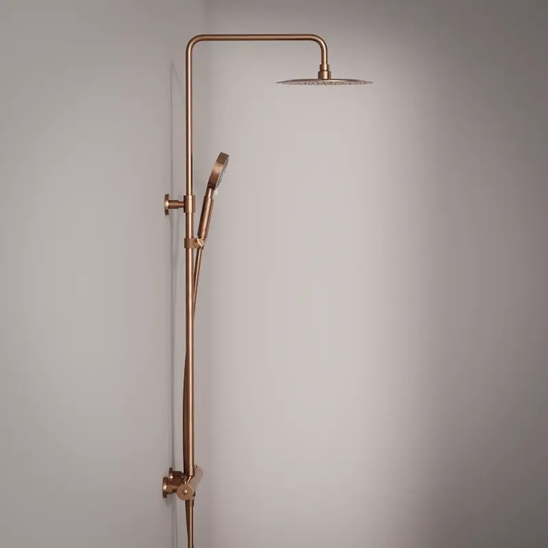 Colonne de douche avec mitigeur thermostatique, Ø25cm, doré rose brossé, douchette ronde, Châtelet III