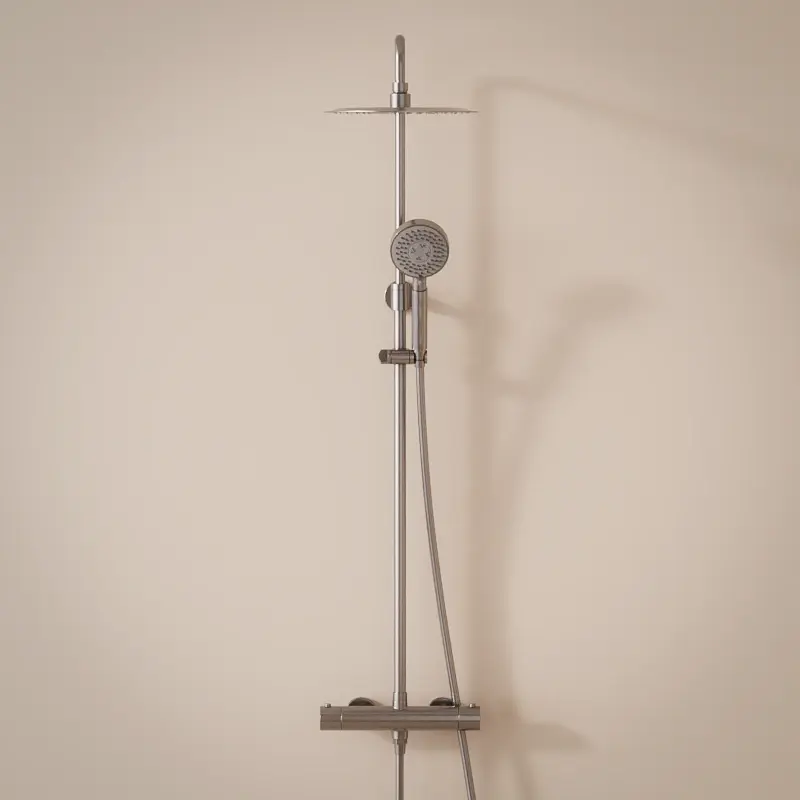 Colonne de douche avec mitigeur thermostatique, Ø25cm, inox brossé, douchette ronde, Châtelet III