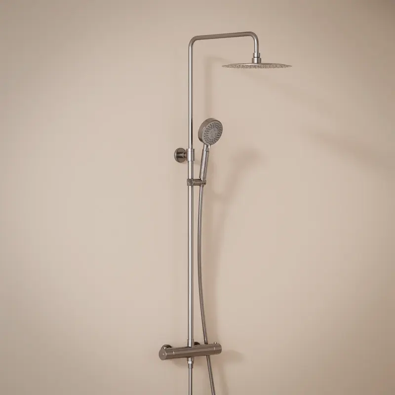 Colonne de douche avec mitigeur thermostatique, Ø25cm, inox brossé, douchette ronde, Châtelet III