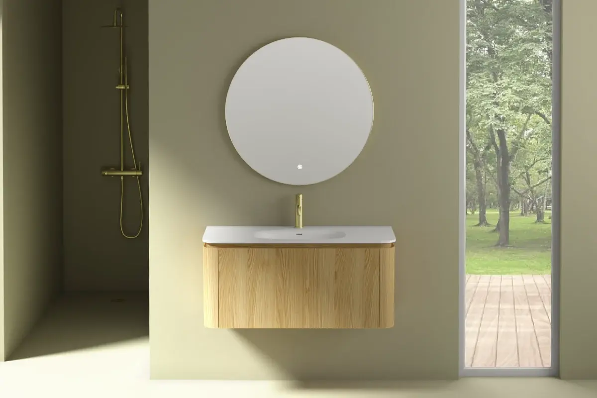 Meuble suspendu 100 cm, placage chêne naturel avec plan vasque en résine minérale blanc mat, Chloé