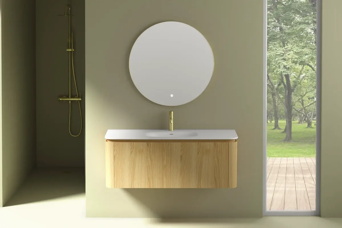 Meuble suspendu 120 cm, placage chêne naturel avec plan vasque en résine minérale blanc mat, Chloé