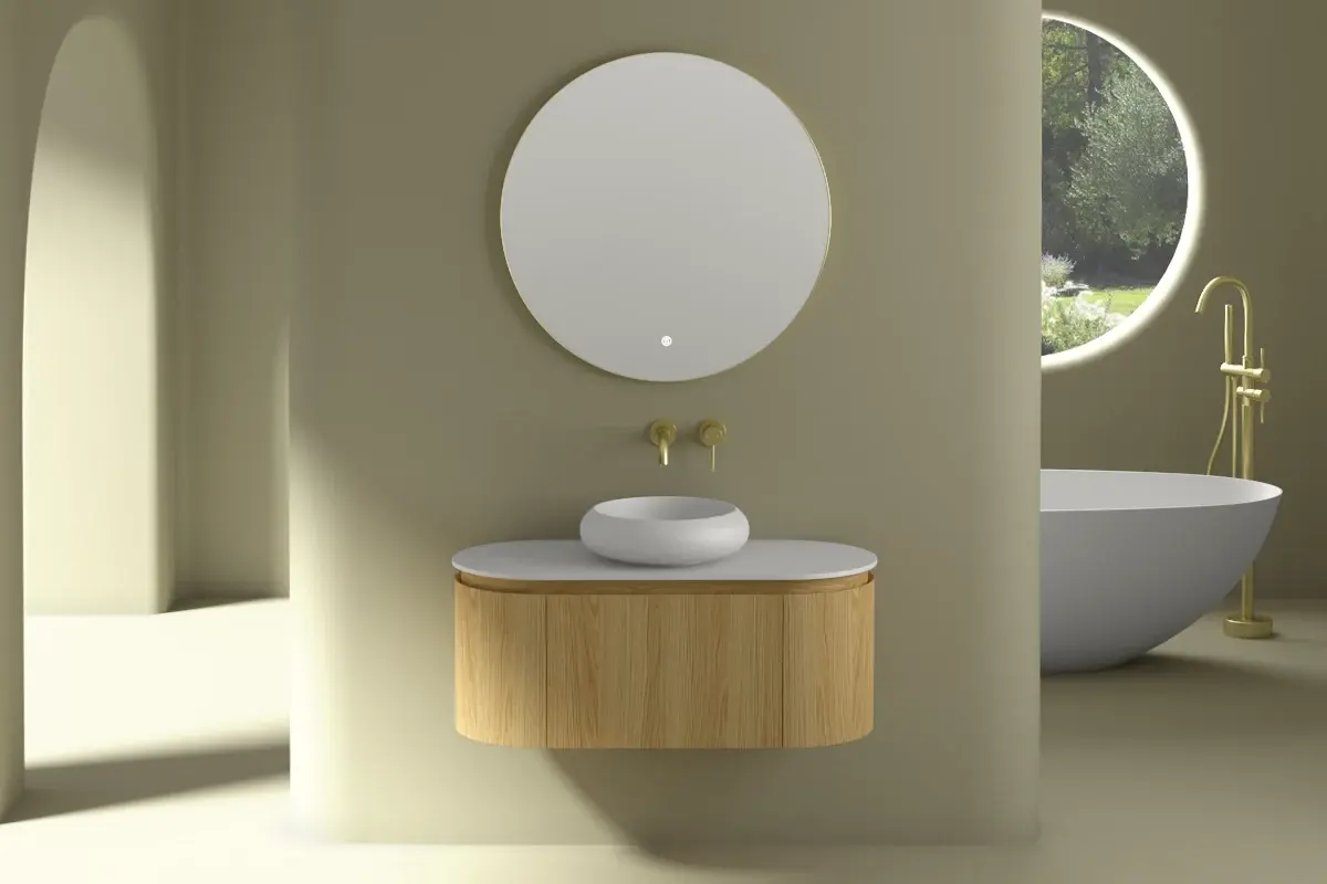 Meuble suspendu 100 cm, placage chêne naturel avec plan en résine minérale blanc mat, Céline