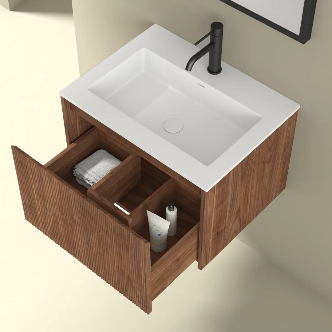 Meuble suspendu 60 cm, placage noyer naturel avec Plan vasque en résine, Louis