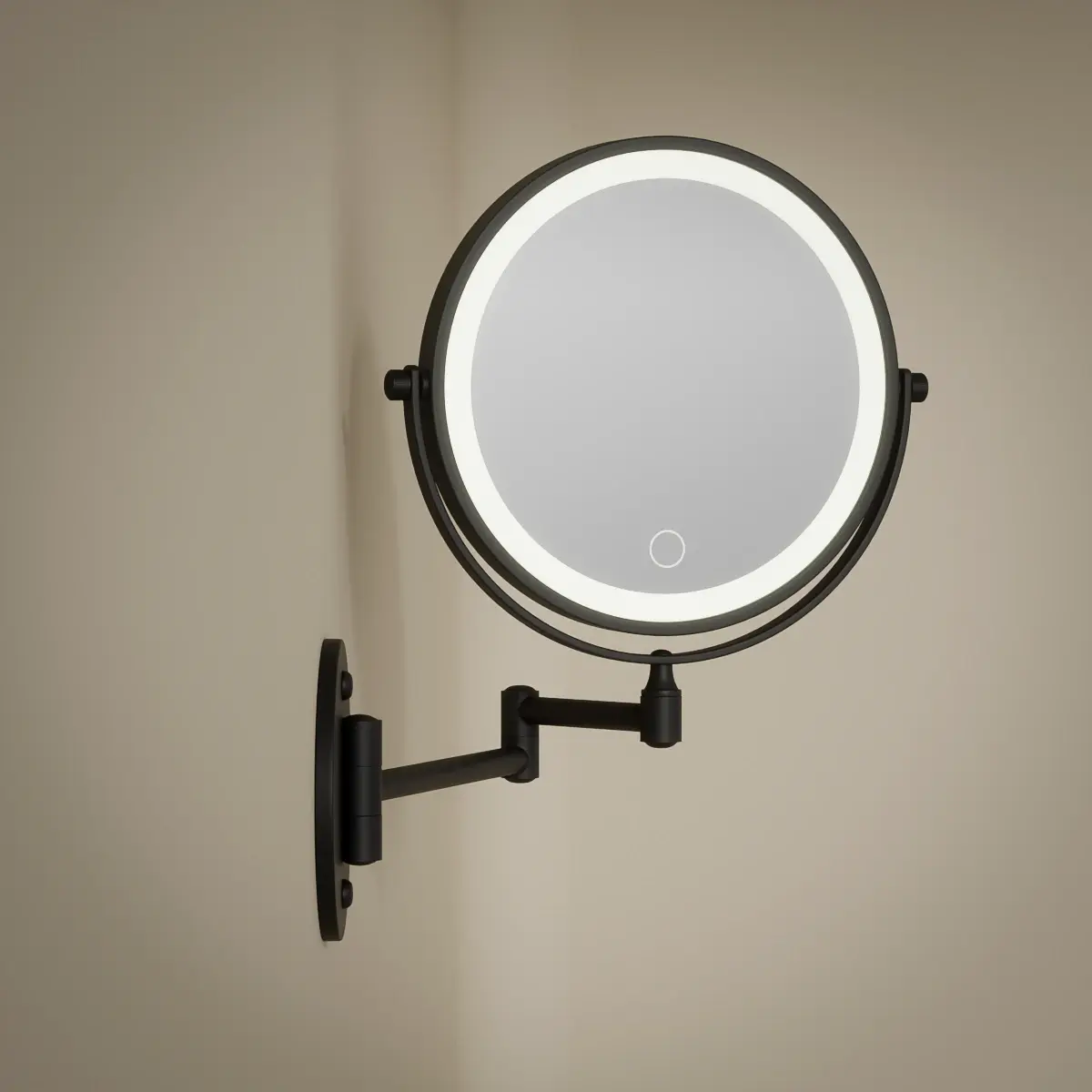 Miroir cosmétique grossissant mural rond 2 faces, Leds rechargeables, Noir mat, Elena