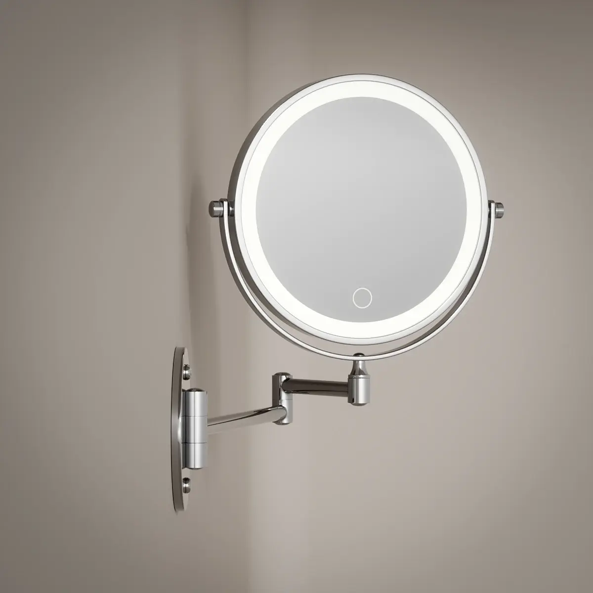 Miroir cosmétique grossissant mural rond 2 faces, Leds rechargeables, Chromé, Elena