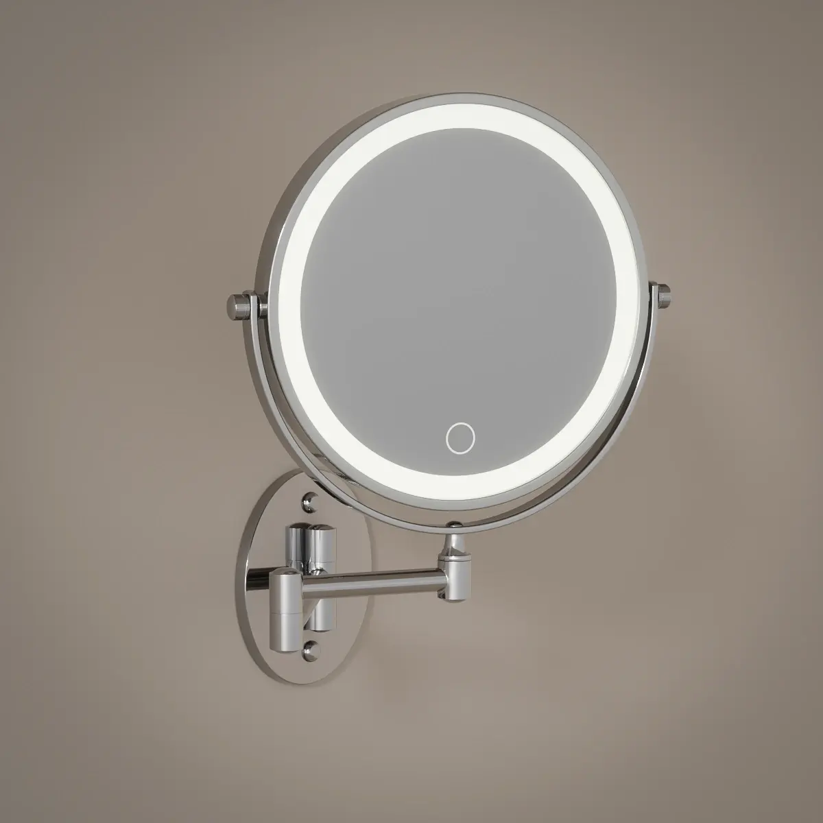 Miroir cosmétique grossissant mural rond 2 faces, Leds rechargeables, Chromé, Elena