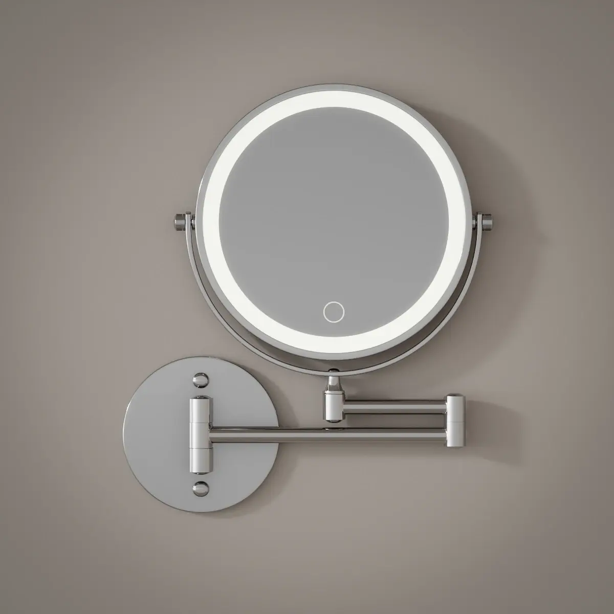 Miroir cosmétique grossissant mural rond 2 faces, Leds rechargeables, Chromé, Elena