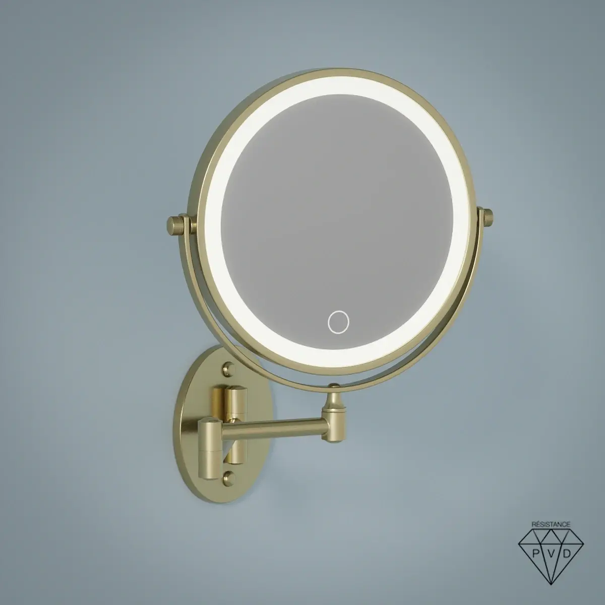 Miroir cosmétique grossissant mural rond 2 faces, Leds rechargeables, Doré brossé, Elena