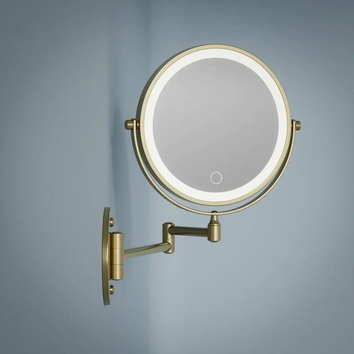 Miroir cosmétique grossissant mural rond 2 faces, Leds rechargeables, Doré brossé, Elena