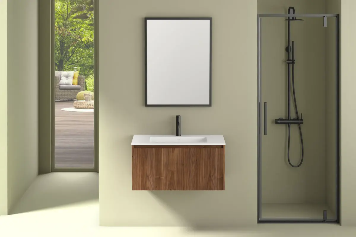 Meuble suspendu 80 cm, placage noyer naturel avec Plan vasque en résine, Louis