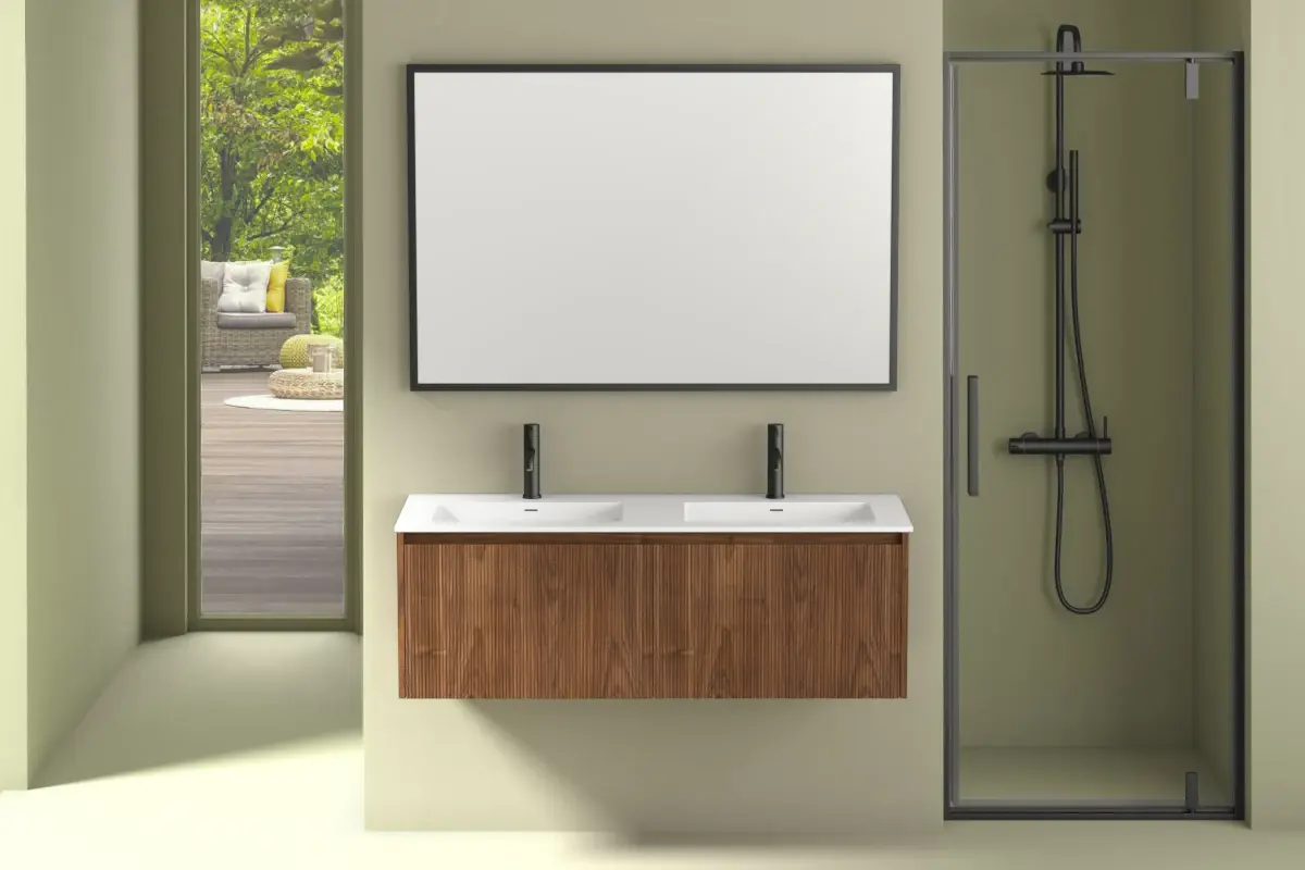 Meuble suspendu 120 cm, placage noyer naturel avec Plan vasque en résine, Louis