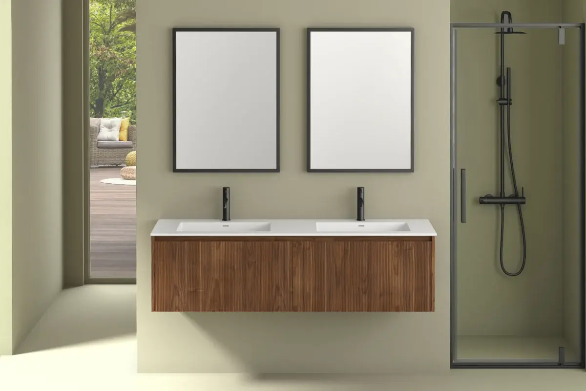 Meuble suspendu 150 cm, placage noyer naturel avec Plan vasque en résine, Louis