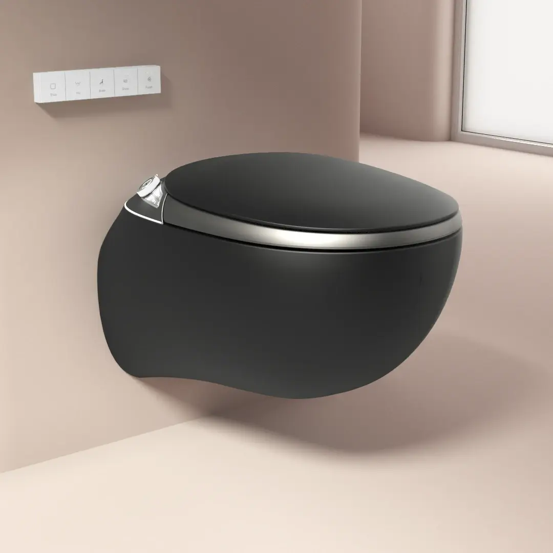 Safari en noir mat : un WC suspendu japonais au design audacieux, parfait pour une salle de bains moderne.