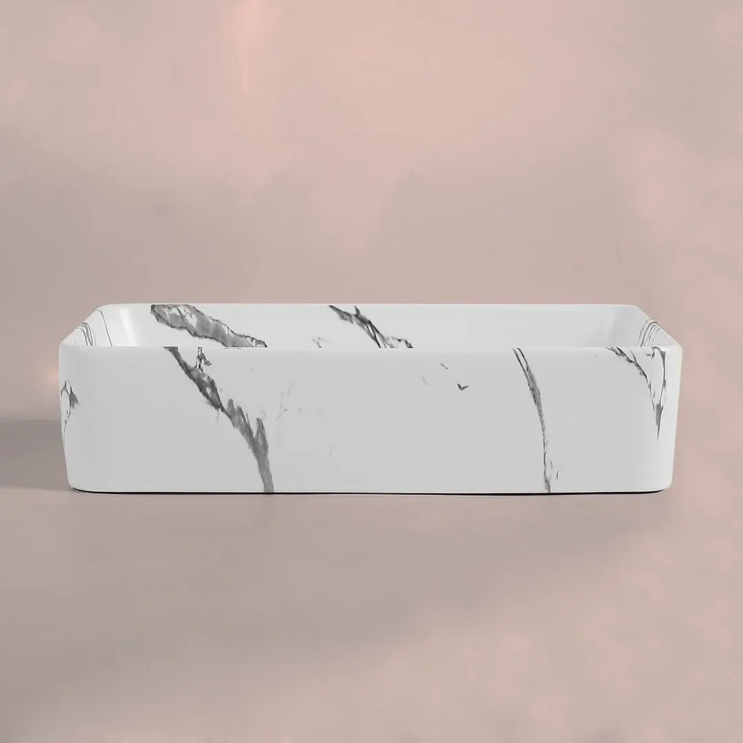 Vasque à poser rectangulaire 50x37.5x13.5 effet marbre calacatta, Jenna