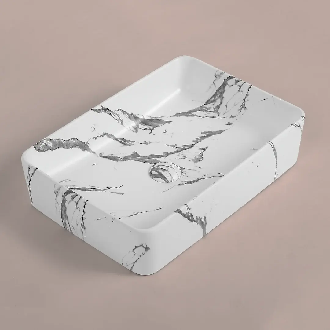 Vasque à poser rectangulaire 50x37.5x13.5 effet marbre calacatta, Jenna