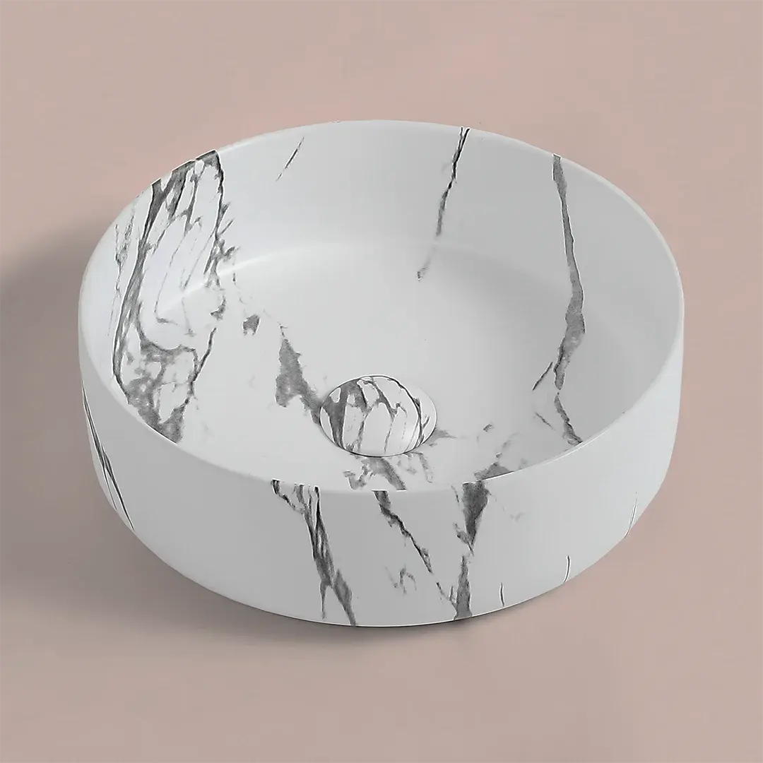Vasque à poser effet marbre calacatta ronde, 37.5x13.5, Clea  