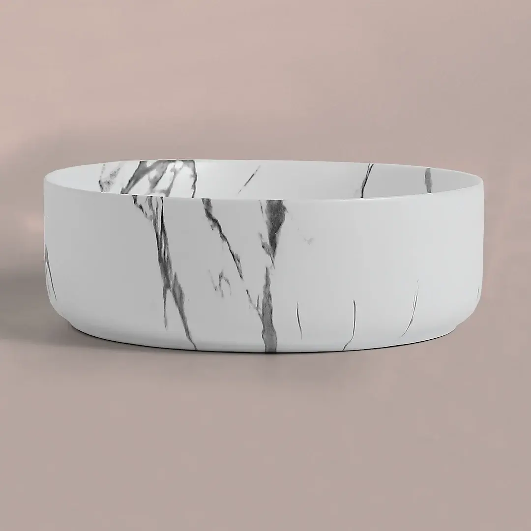 Vasque à poser effet marbre calacatta ronde, 37.5x13.5, Clea  