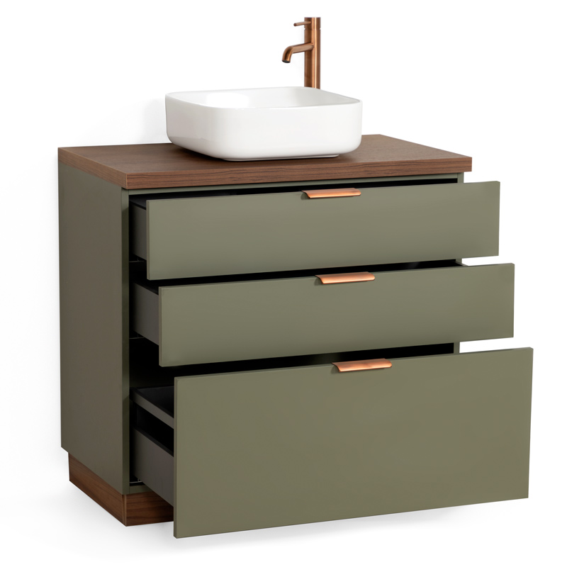 Meuble à poser 80 cm, vert olive et bois noyer avec poignées doré rose brossé, Alma