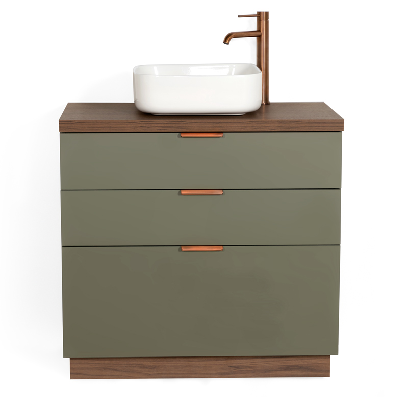 Meuble à poser 80 cm, vert olive et bois noyer avec poignées doré rose brossé, Alma